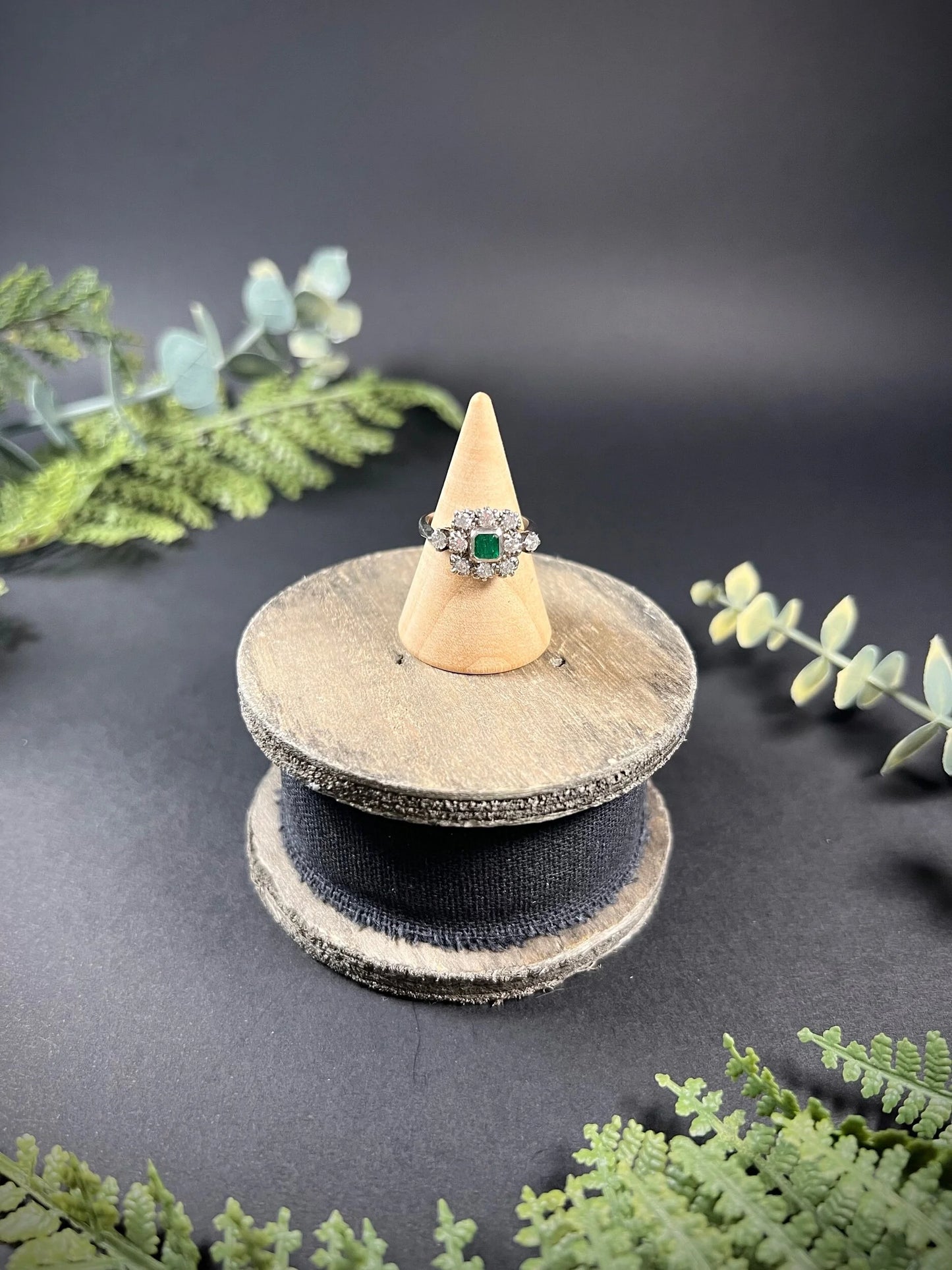 Vintage 18 Carat White Gold Emerald and Diamond Square Cluster Ring, Circa 1940