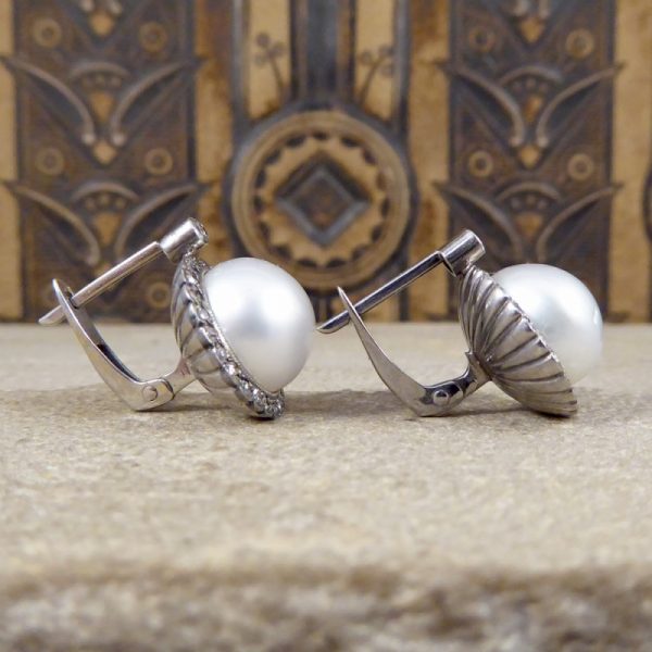 Vintage Pearl and Diamond Halo Omega Clip Earrings