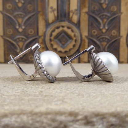 Vintage Pearl and Diamond Halo Omega Clip Earrings