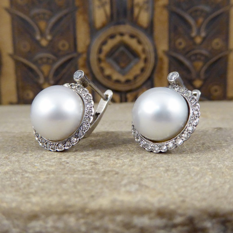 Vintage Pearl and Diamond Halo Omega Clip Earrings