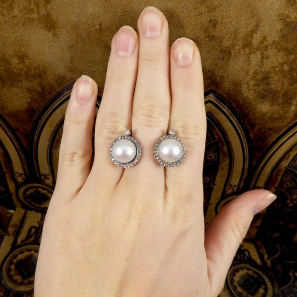 Vintage Pearl and Diamond Halo Omega Clip Earrings