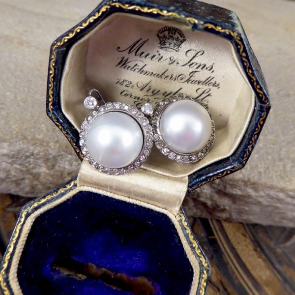 Vintage Pearl and Diamond Halo Omega Clip Earrings