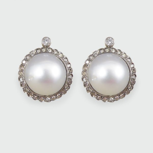 Vintage Pearl and Diamond Halo Omega Clip Earrings