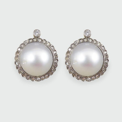 Vintage Pearl and Diamond Halo Omega Clip Earrings