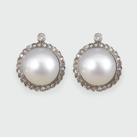 Vintage Pearl and Diamond Halo Omega Clip Earrings
