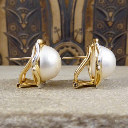 Vintage South Sea Pearl and Gold Omega Clip Earrings