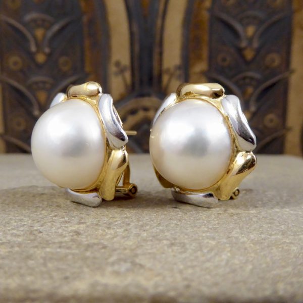 Vintage South Sea Pearl and Gold Omega Clip Earrings