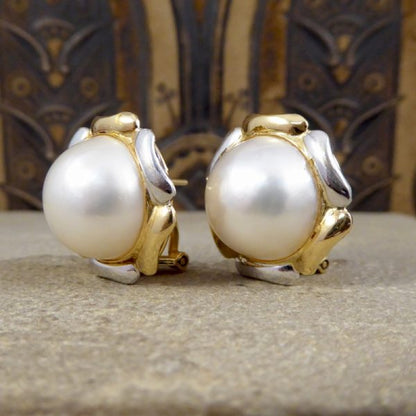 Vintage South Sea Pearl and Gold Omega Clip Earrings