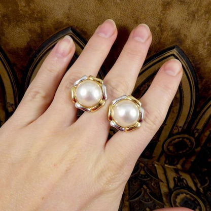 Vintage South Sea Pearl and Gold Omega Clip Earrings