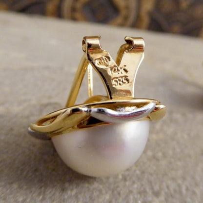 Vintage South Sea Pearl and Gold Omega Clip Earrings