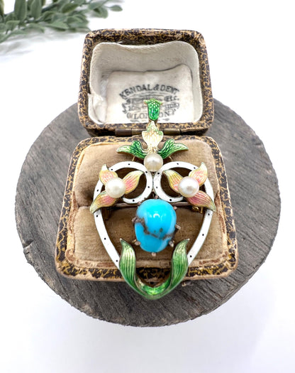 Antique 15ct Gold Heart Pendant/Brooch: Victorian Enamel, Turquoise, Seed Pearls