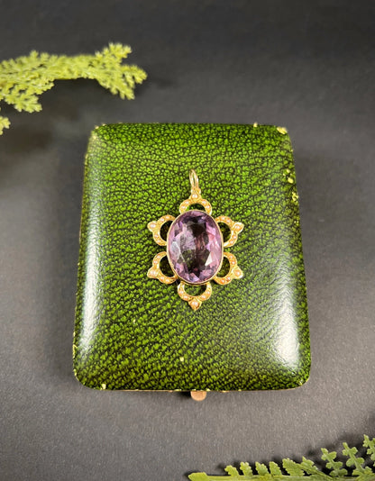 Antique 15 ct Yellow Gold, Edwardian Large Oval Faceted Amethyst And Seed Pearl Pendant