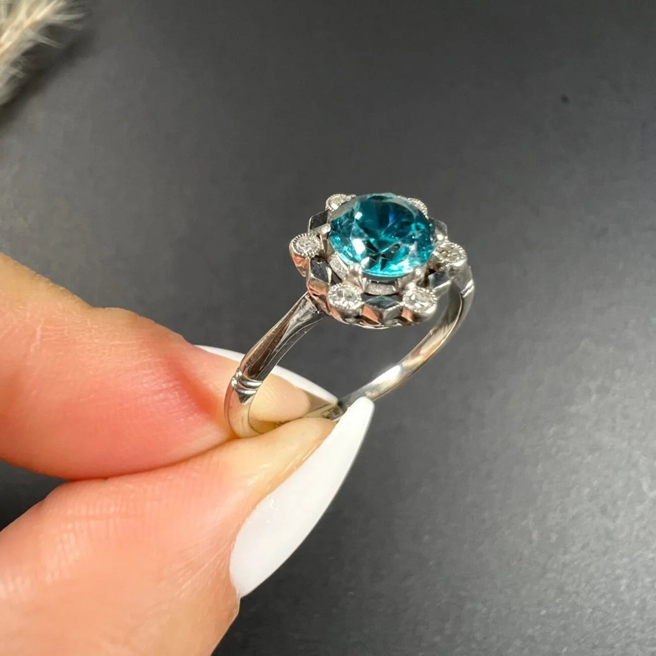 Antique 18 Carat White Gold, Platinum, Zircon and Diamond Cluster Ring, Circa 1920