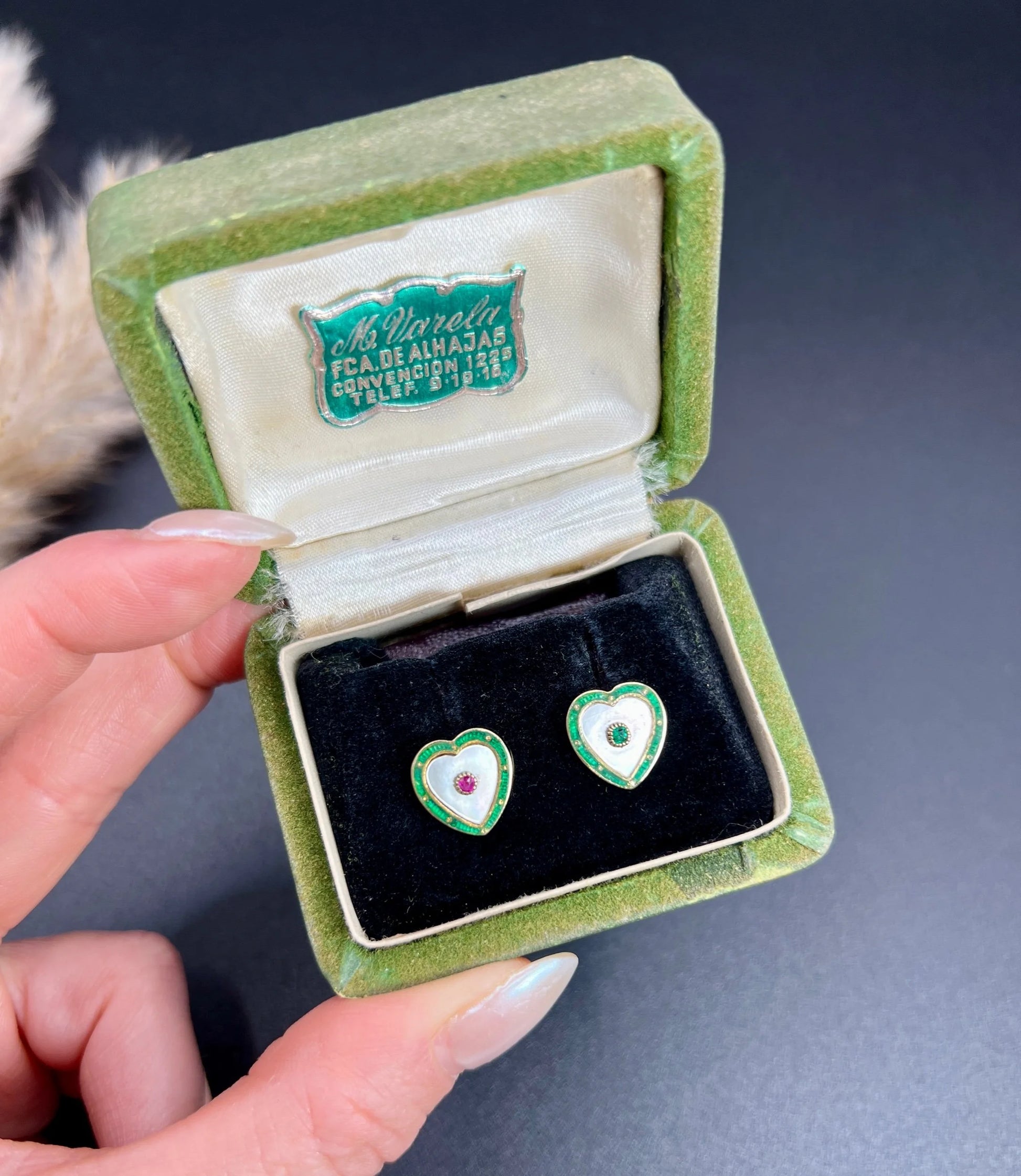 Antique 15ct Yellow Gold, 1920s Mother of Pearl, Green Enamel, Ruby & Emerald Heart Shaped Stud Earrings