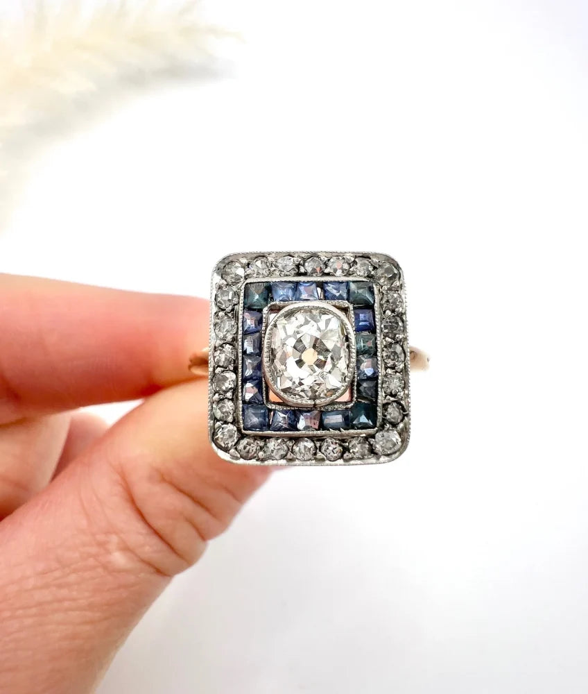 Edwardian Antique Sapphire and Diamond Square Cluster Target Ring