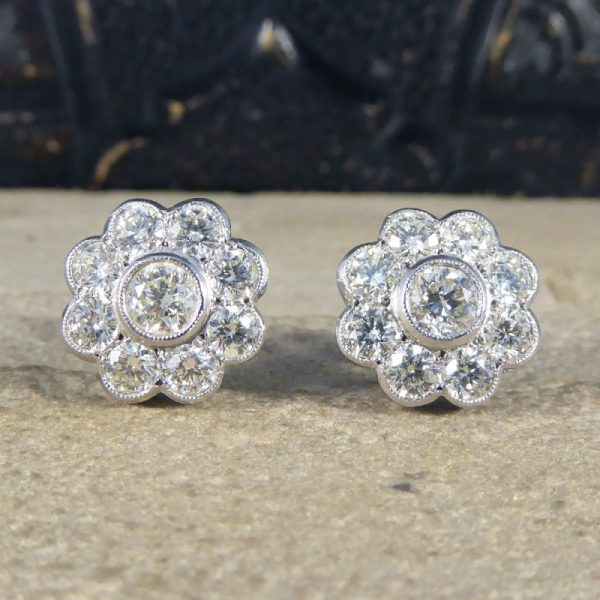 2.50ct Total Diamond Flower Cluster Earrings in 18ct White Gold