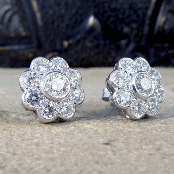 2.50ct Total Diamond Flower Cluster Earrings in 18ct White Gold