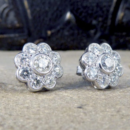 2.50ct Total Diamond Flower Cluster Earrings in 18ct White Gold