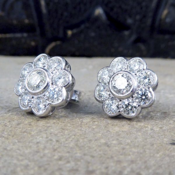 2.50ct Total Diamond Flower Cluster Earrings in 18ct White Gold