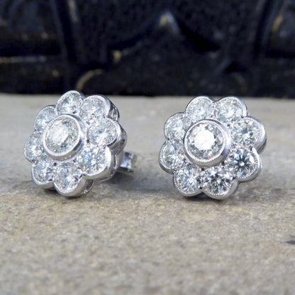 2.50ct Total Diamond Flower Cluster Earrings in 18ct White Gold