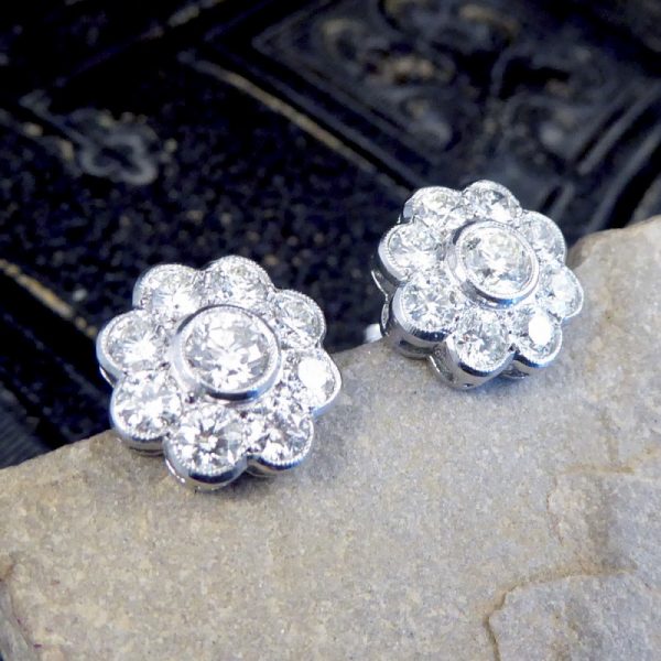 2.50ct Total Diamond Flower Cluster Earrings in 18ct White Gold