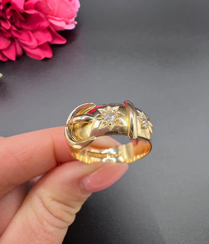 Antique 18ct Yellow Gold, Star Set Diamond Buckle/Belt Ring, Hallmarked Birmingham 1919