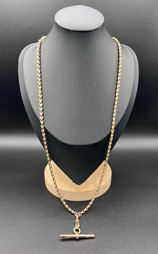 Antique 9 Carat Rose Gold 24.5 Inch Tulip Link Chain with T-Bar and Swivel Dog Clip