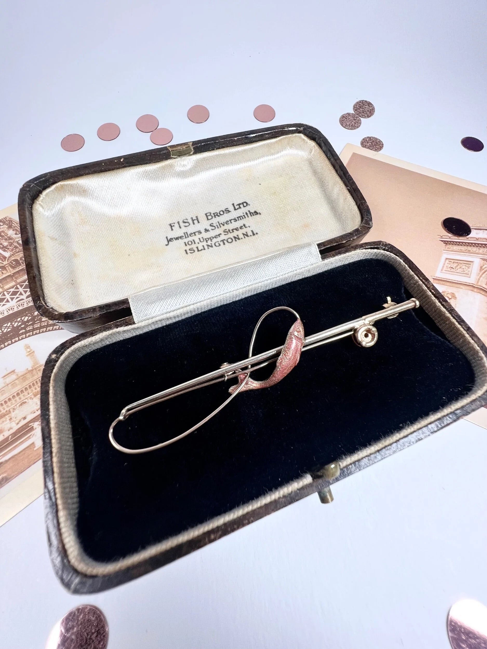 Antique 9ct Gold & Enamel Edwardian Fishing Rod Brooch, Hallmarked London 1905