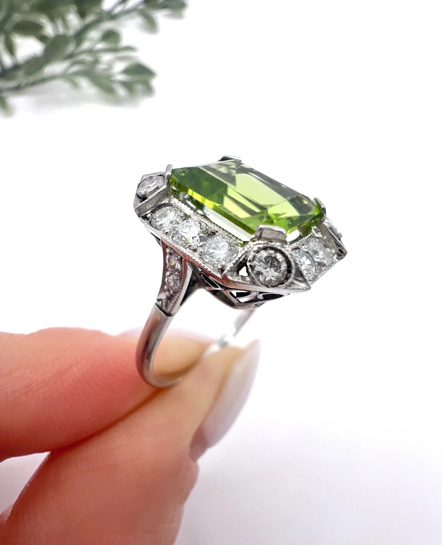 Antique 18ct White Gold & Platinum, 1920s Peridot and Diamond Rectangular Halo Cluster Ring