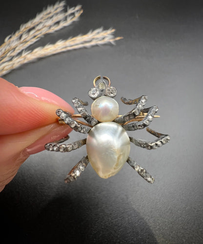 A pearl and diamond spider brooch in gold and silver, held in a hand