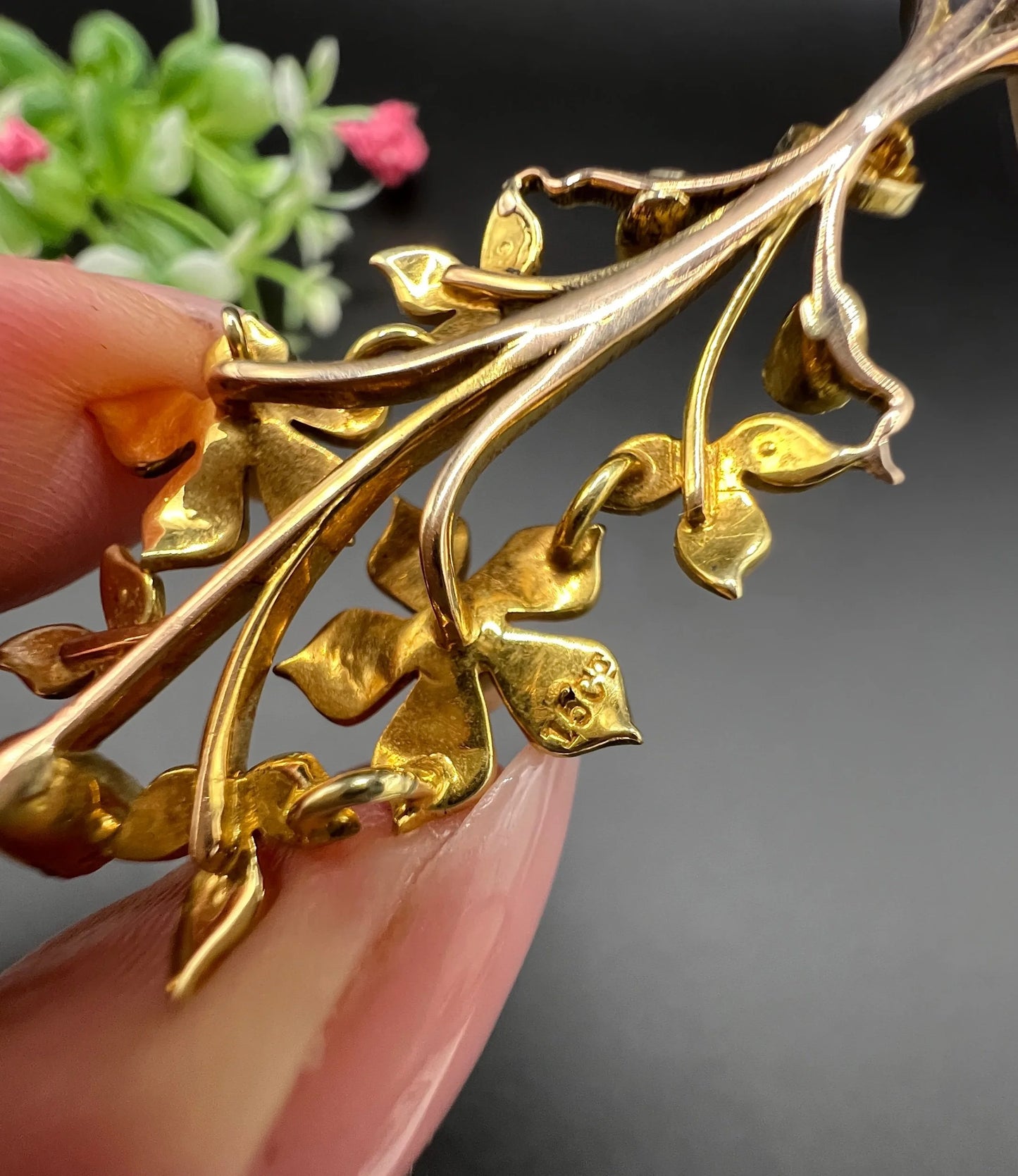 Antique 15 Carat Yellow Gold Pearl and Diamond Flower Spray Bouquet Pendant, Circa 1900