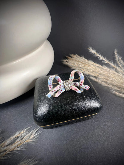 Antique 14 Carat Gold Floral Enamel and Diamond Bow Brooch, Circa 1900