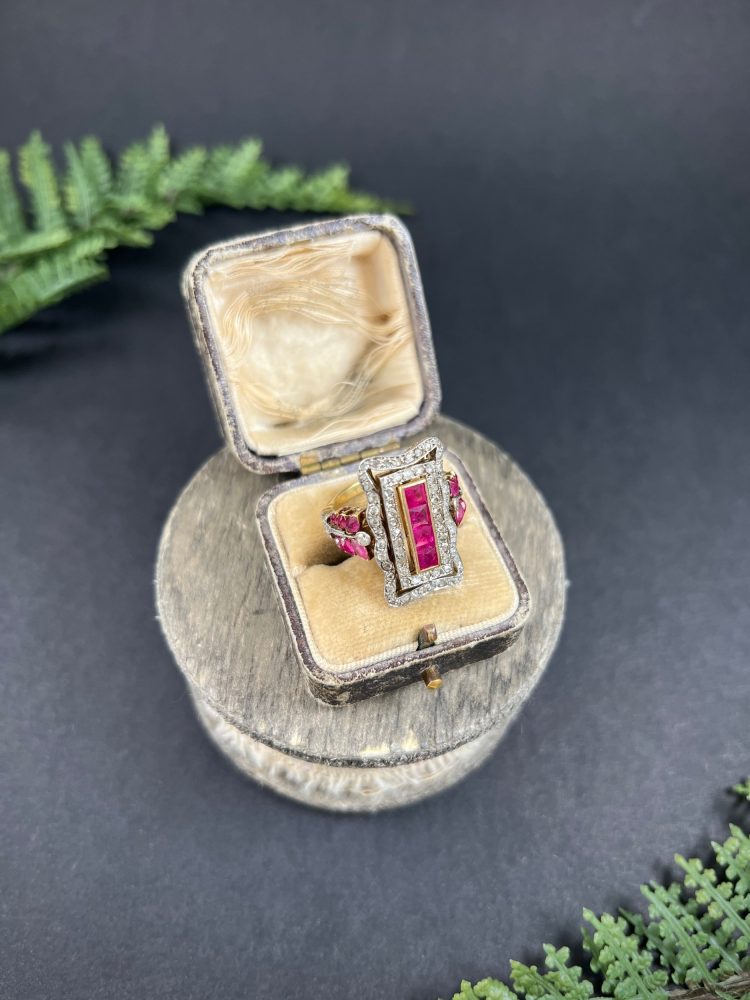 Edwardian Antique Ruby and Diamond Rectangular Cluster Tablet Plaque Ring