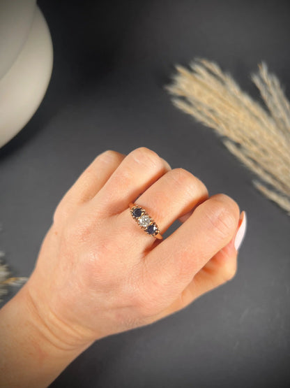 Antique 18ct Rose Gold, Victorian Sapphire & Diamond Three Stone Gypsy Ring