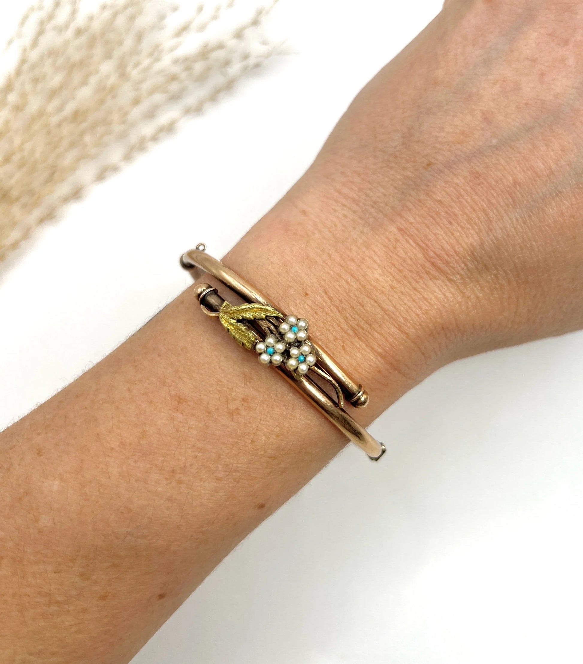 Antique 9 Carat Rose Gold Turquoise and Seed Pearl Forget Me Not Bangle, Circa 1910