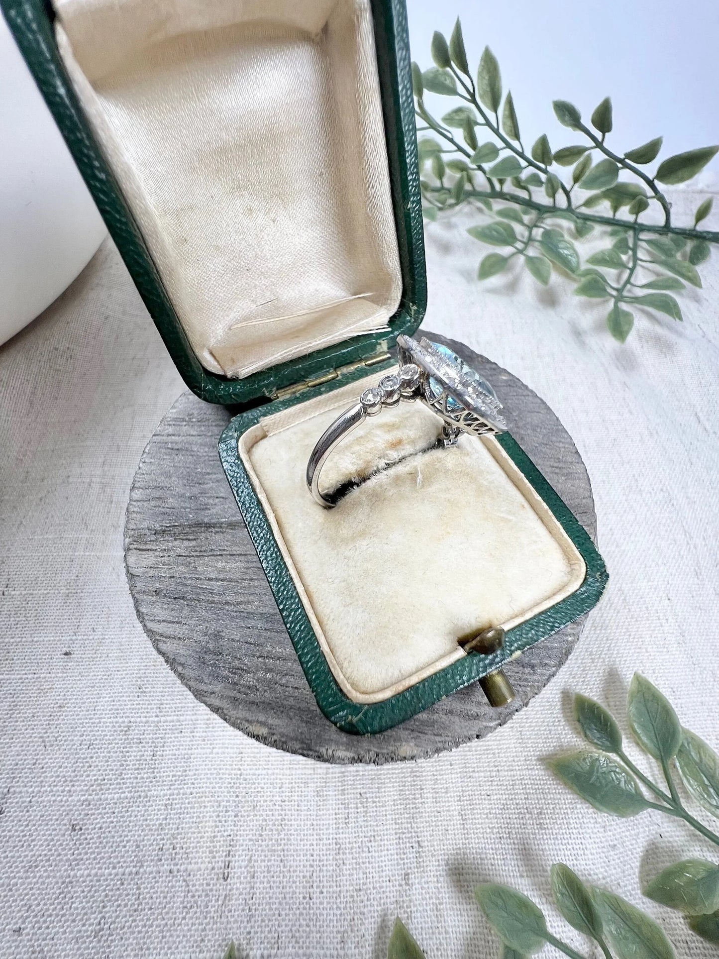 Vintage Platinum 1940s Aquamarine & Diamond Halo Cluster Dress Ring