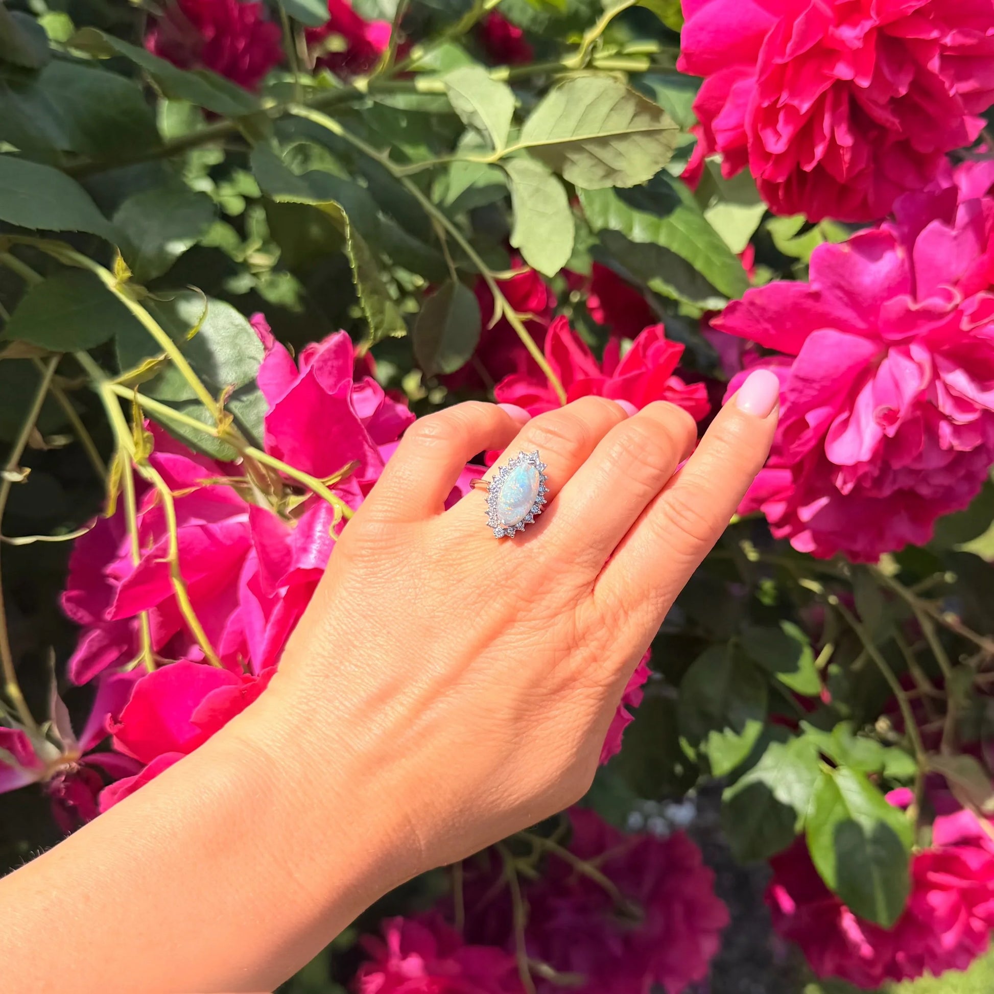 Vintage 14 ct White Gold Opal And Diamond Cluster Ring