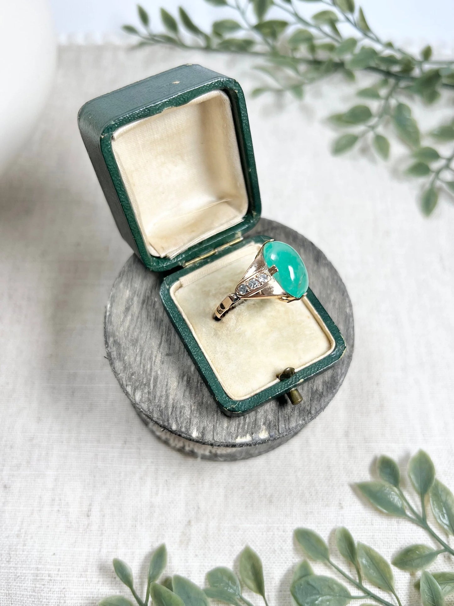 Vintage 14 Carat Rose Gold Cabochon Emerald and Diamond Ring, Circa 1960