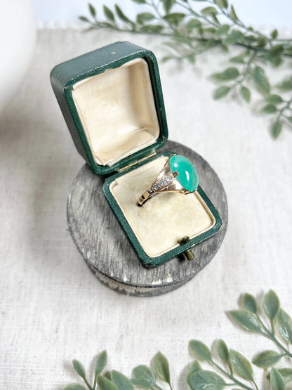 Vintage 14 Carat Rose Gold Cabochon Emerald and Diamond Ring, Circa 1960