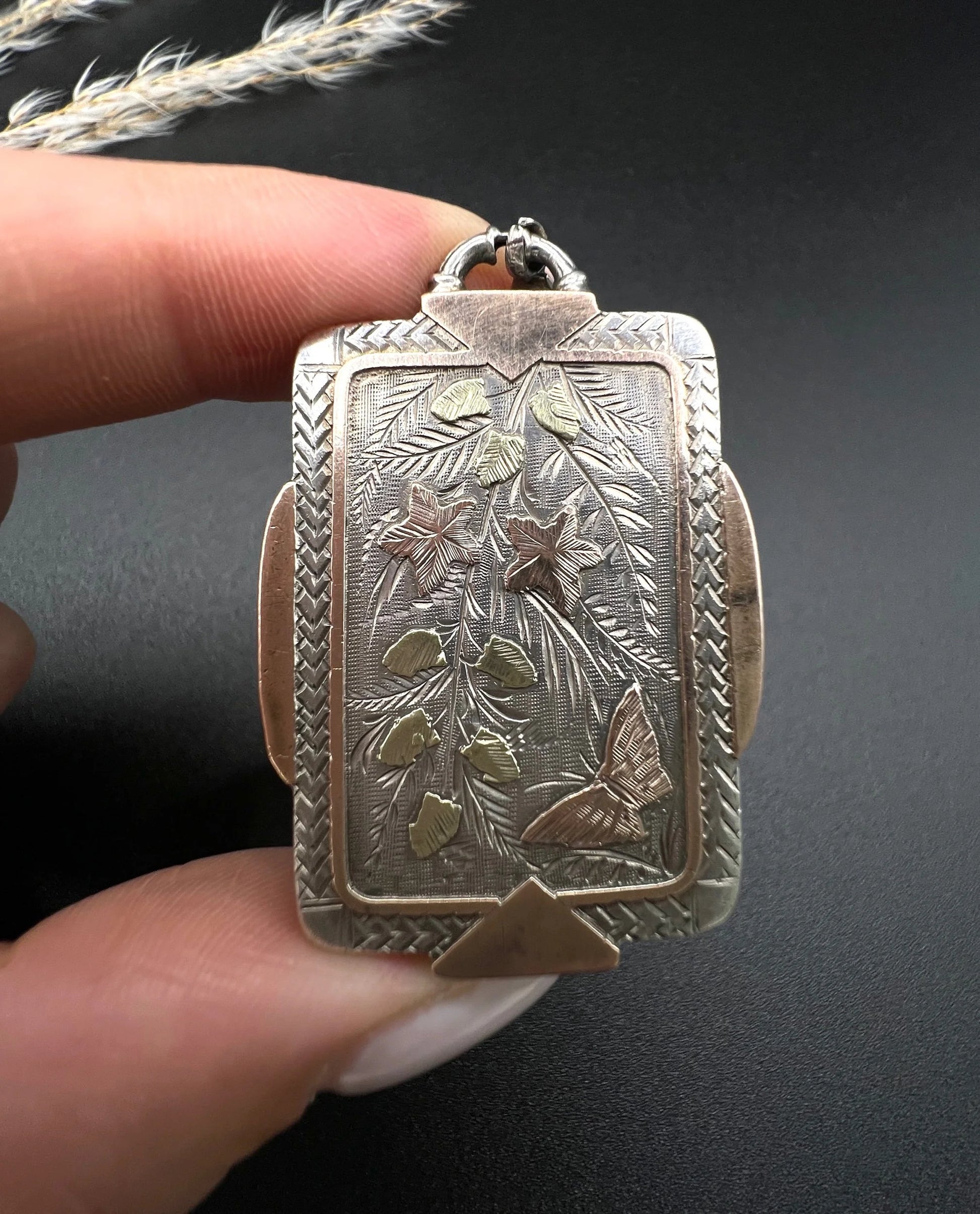 Victorian Sterling Silver Book Chain Necklace with Silver and Gold Inlaid Butterfly Locket