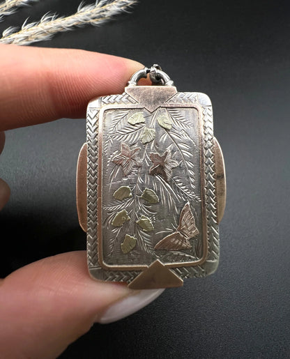 Victorian Sterling Silver Book Chain Necklace with Silver and Gold Inlaid Butterfly Locket