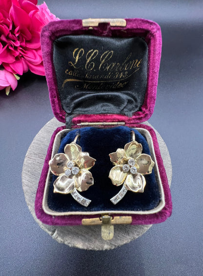 Vintage 18 Carat Yellow and White Gold Diamond Flower Earrings, Circa 1940