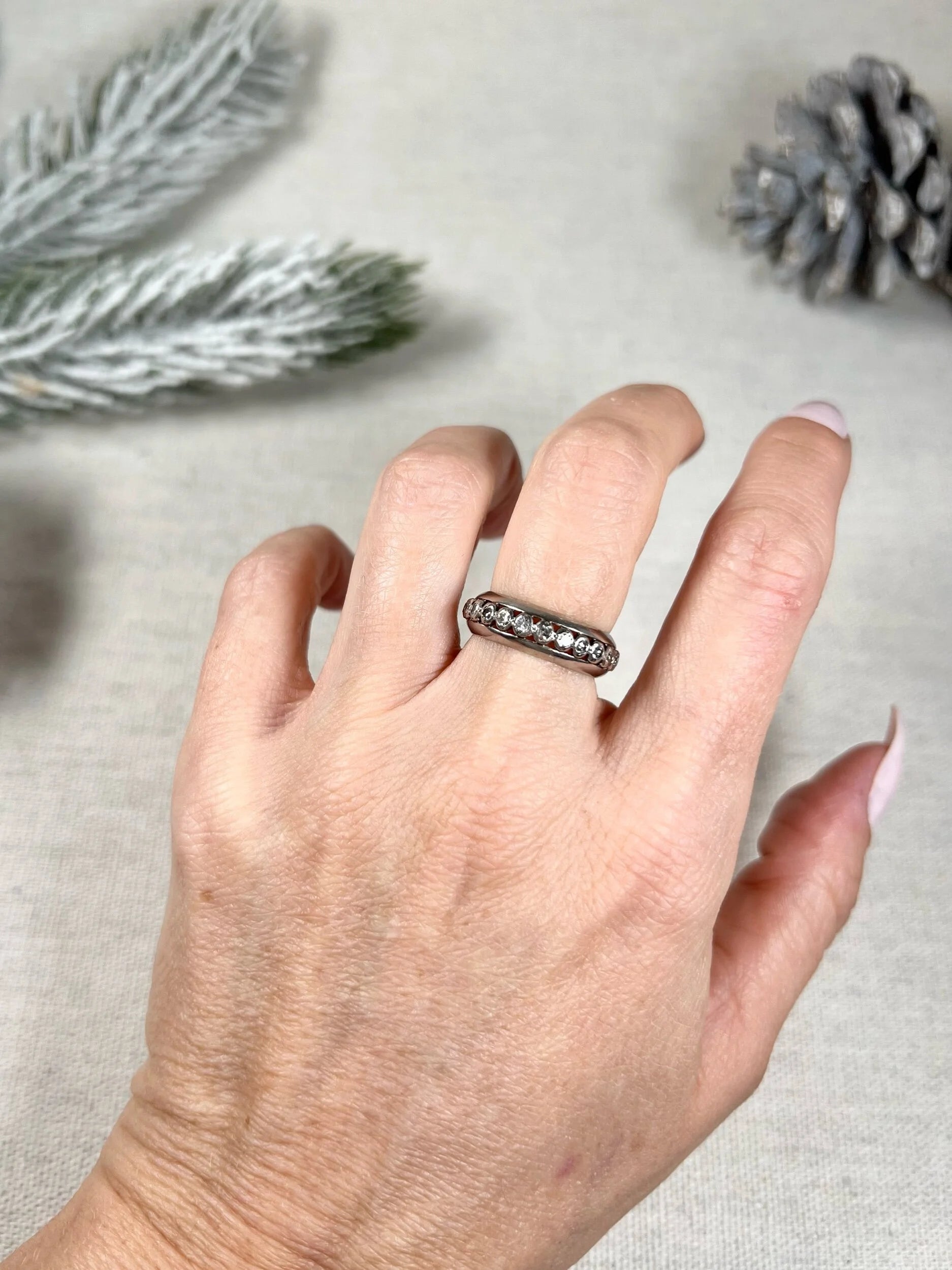 Vintage Platinum Old Cut Diamond Full Eternity Band Ring, Circa 1940