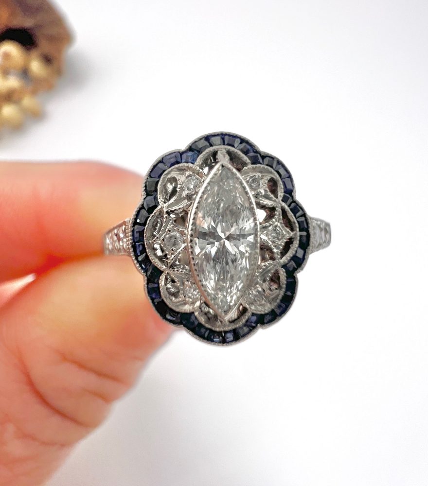 Marquise Diamond and Sapphire Cluster Dress Ring
