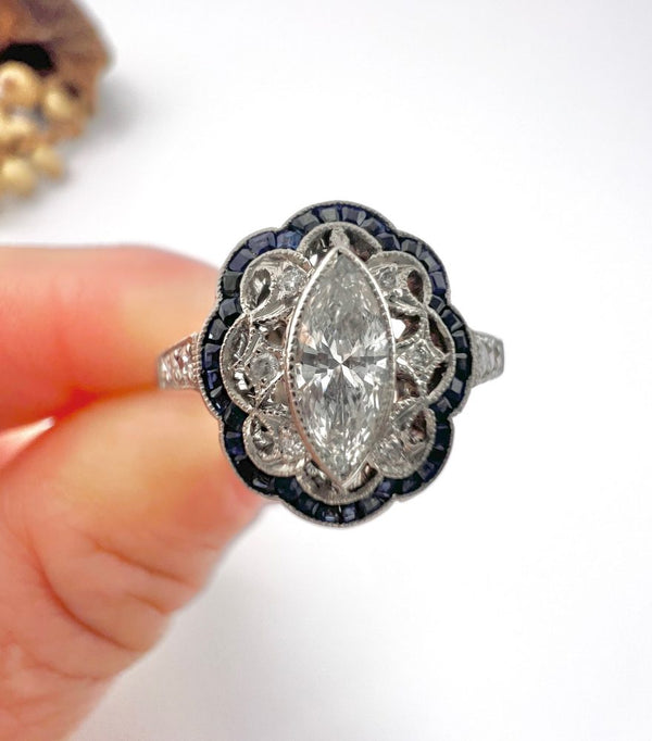 Marquise Diamond and Sapphire Cluster Dress Ring
