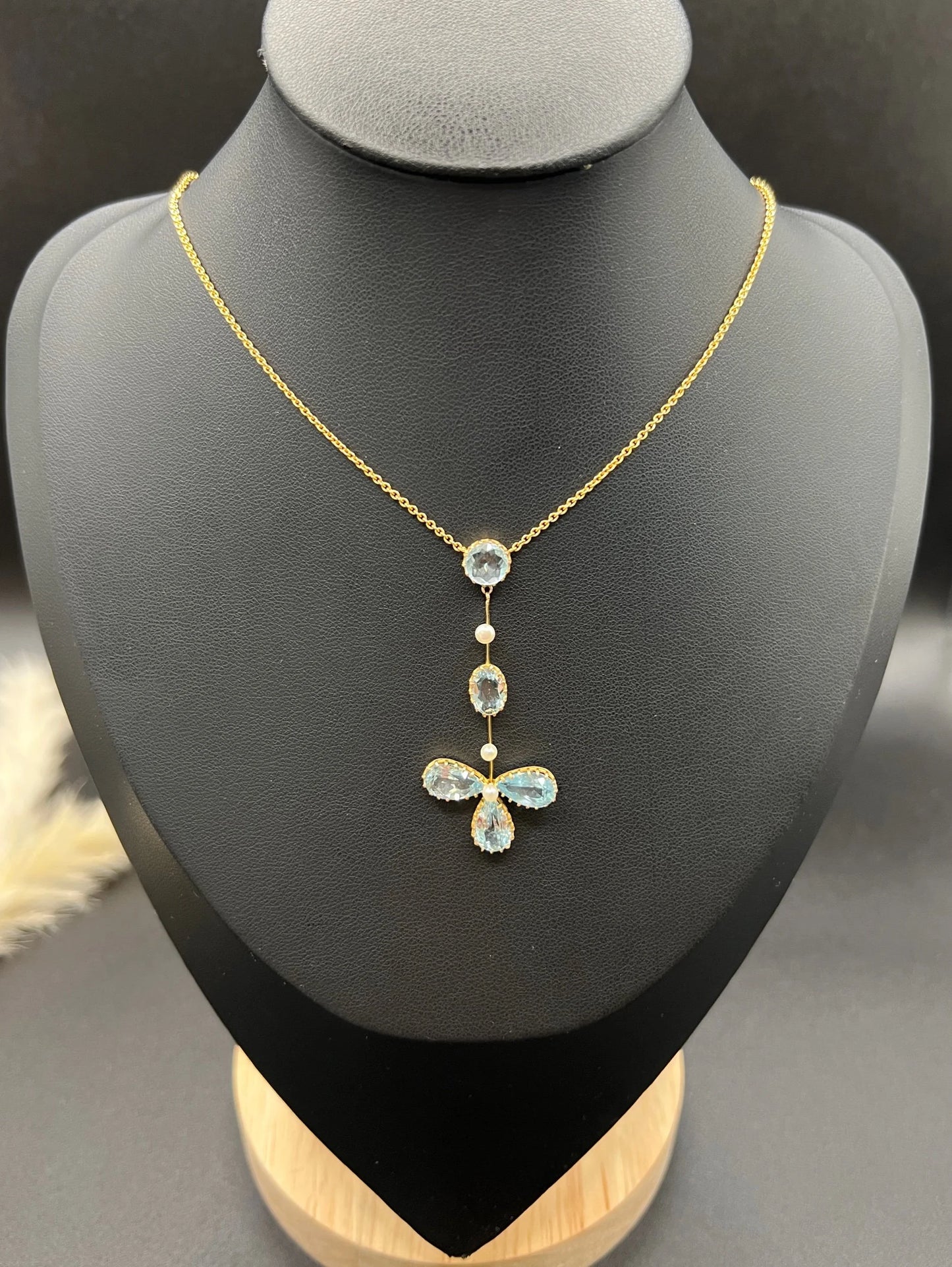 Antique 9 ct Yellow Gold, Edwardian Aquamarine And Pearl Floral Pendulum Drop Pendant