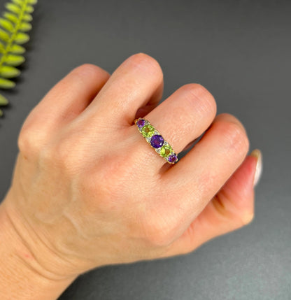 Edwardian Antique Amethyst Peridot and Diamond Carved Suffragette Ring