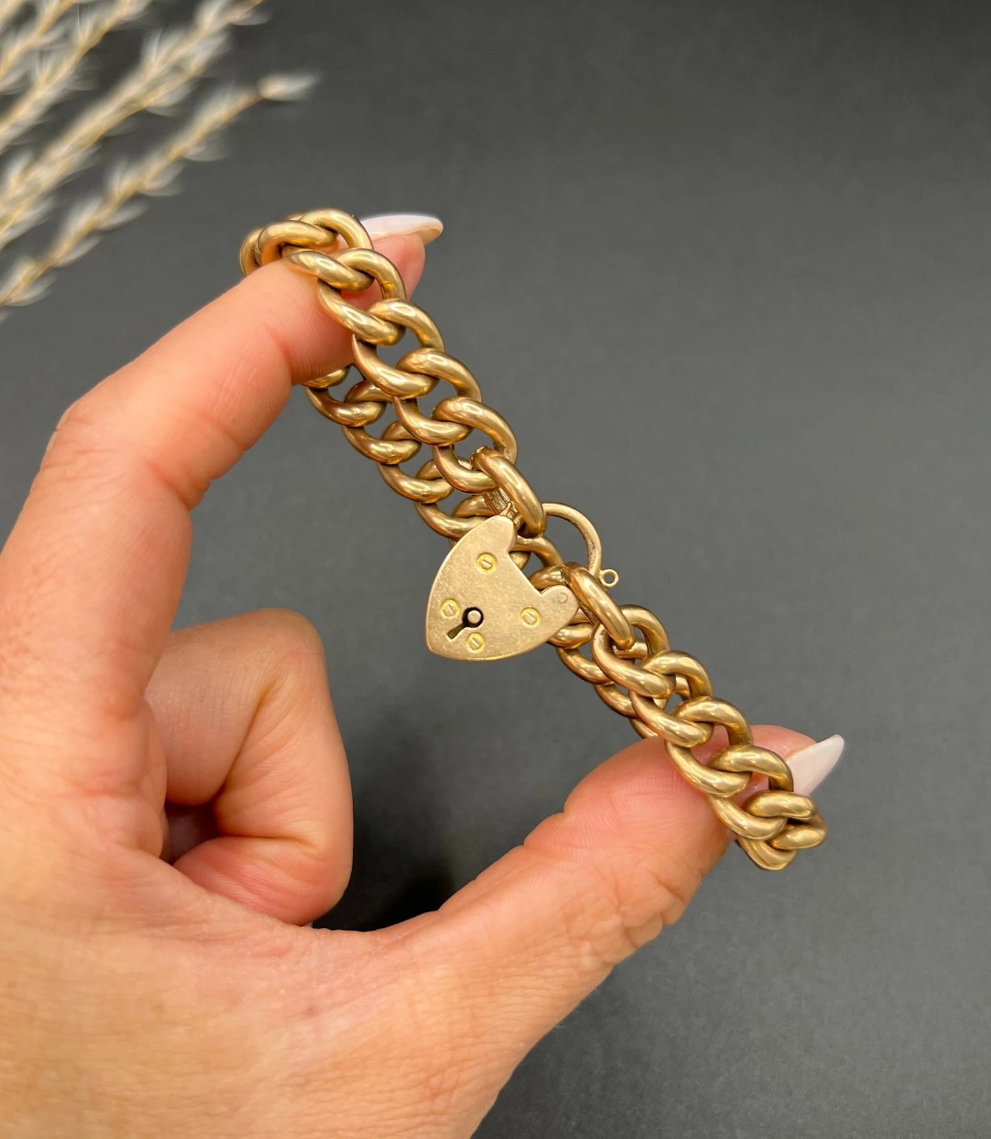 Victorian 15 Carat Rose Gold Curb Link Bracelet with Heart Padlock Clasp, Circa 1880