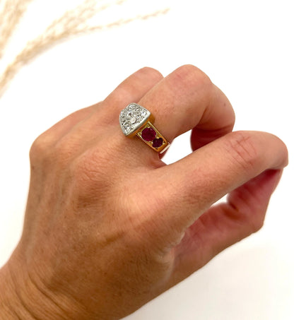Antique French 18 Carat Gold, Platinum, Ruby and Diamond Buckle Ring