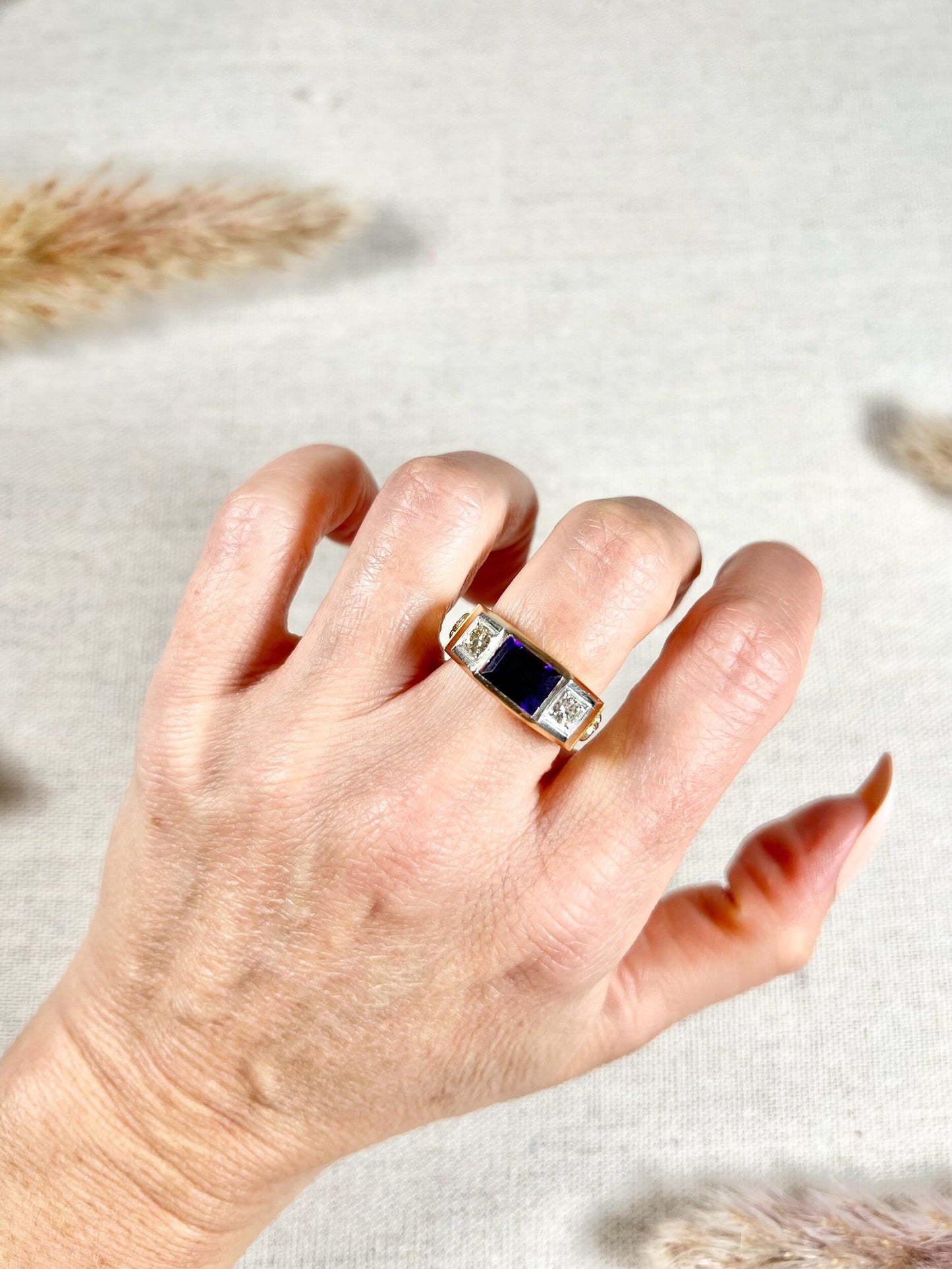 Vintage 18 Carat Gold Amethyst and Brilliant Cut Diamond Fraternity Ring, Circa 1950